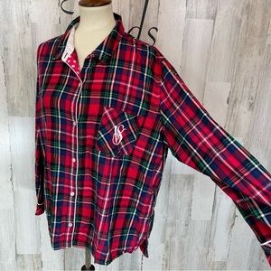 Victoria’s Secret Red Plaid Monogram Button Up Long Sleeve Night Top Shirt Sz XL